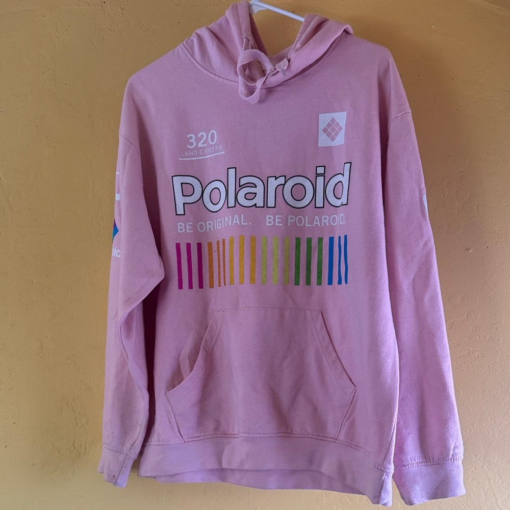 Polaroid Pastel Pink Hoodie with Rainbow Design